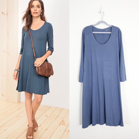 Garnet Hill Dresses & Skirts - Garnet Hill Size S Scoop Neck Jersey Knit Trapeze Dress 3/4 Sleeve Blue
